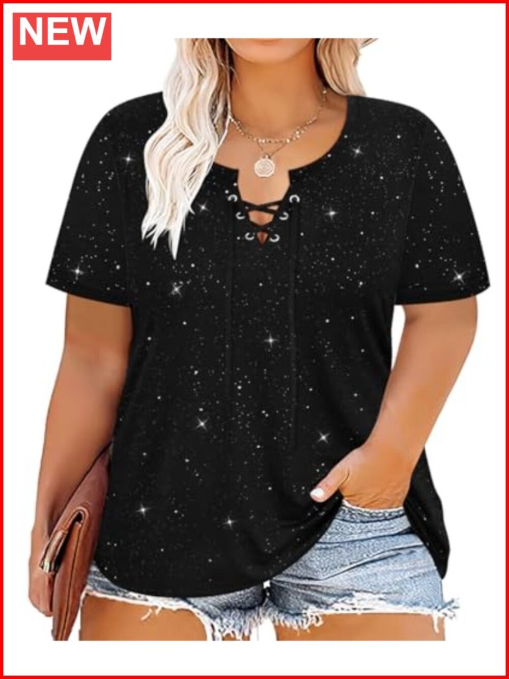 Plus Size Tops Short Sleeve V Neck Tunic Glitter Summer Tees